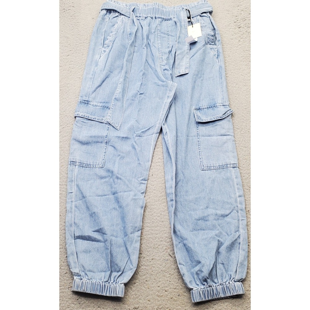 TGLA Cargo Jeans Womens Medium Blue Chambray Light Wash Paperbag Waist Belted